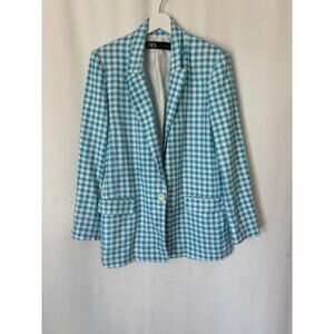 ZARA Blazer Jacket Medium White Blue Check Plaid Womens